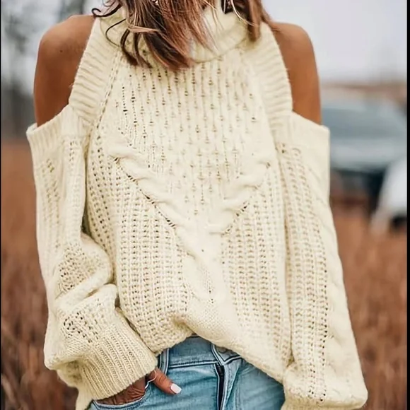 Turtleneck Cold Shoulder Casual Loose Long Sleeve Sweater - Picture 1 of 4